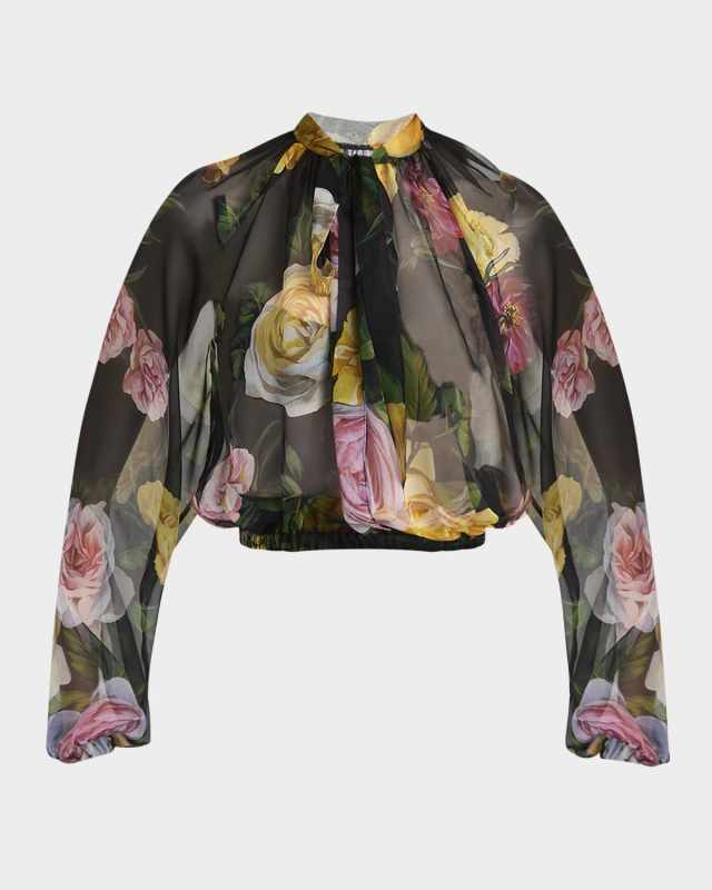 Rose Tie-Neck Chiffon Cropped Blouse
